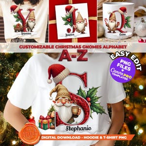 Puede incluir: Una camiseta blanca con la letra "S" roja y un diseño de gnomo navideño. El gnomo lleva un gorro rojo y sostiene una taza. El nombre "Stephanie" está debajo de la letra. La imagen también incluye el texto "Alfabeto de gnomos navideños personalizable" y "Descarga digital - Sudadera con capucha y camiseta PNG".