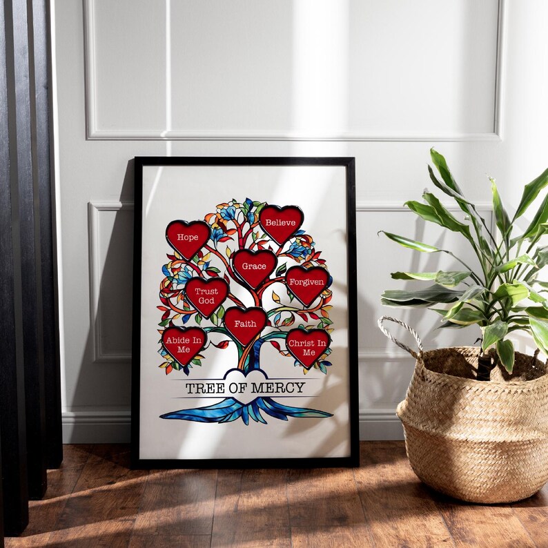 Stained-glass Tree of Mercy PNG, Heart-leaf Christian Scripture Art for ...