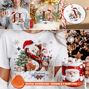 Paquete de PNG con el alfabeto navideño personalizado, adorno con letra y nombre personalizados, imágenes prediseñadas de Papá Noel, reno y muñeco de nieve, diseño para sublimación de camisetas navideñas