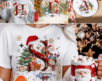 Personalized Christmas Alphabet PNG Bundle, Custom Name Letter Ornament, Santa Reindeer Snowman Clipart, Holiday T-Shirt Sublimation Design