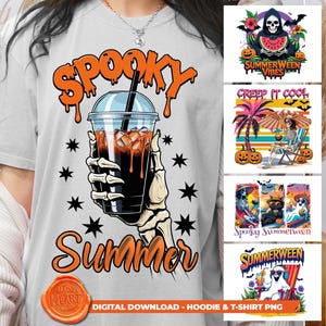 May include: White t-shirt with a spooky summer theme. The design features the words "Spooky Summer" in orange, a skeleton hand holding an iced coffee, and black star accents. Additional graphics include "Summerween Vibes" and "Creep It Cool".