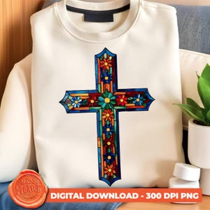 Croce in vetro colorato in formato PNG, Clipart floreale cristiana, Download digitale ad alta risoluzione (300 DPI), Stampa di decorazioni per chiese, Design a sublimazione per mosaico