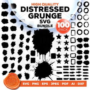 Pode incluir: Um conjunto de 100 gráficos SVG grunge desgastados. Os gráficos incluem estrelas, círculos, quadrados e respingos. Os gráficos são em preto e branco e têm um aspeto grunge desgastado. Os gráficos são perfeitos para adicionar um toque único aos seus designs.