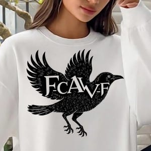 A powerful and detailed F-Caw-F crow design PNG file, this digital download is specifically created for sublimation printing and heat transfer on clothing. The artwork captures a stylized, dark-themed crow in flight, making it a perfect t-shirt graphic. This versatile gothic art piece can be used for personal projects or commercial use on physical products, offering an excellent way to add a unique, edgy vibe to your wardrobe or craft business offerings.