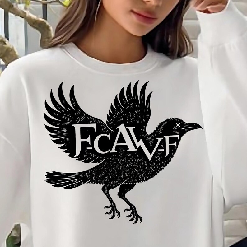 A powerful and detailed F-Caw-F crow design PNG file, this digital download is specifically created for sublimation printing and heat transfer on clothing. The artwork captures a stylized, dark-themed crow in flight, making it a perfect t-shirt graphic. This versatile gothic art piece can be used for personal projects or commercial use on physical products, offering an excellent way to add a unique, edgy vibe to your wardrobe or craft business offerings.