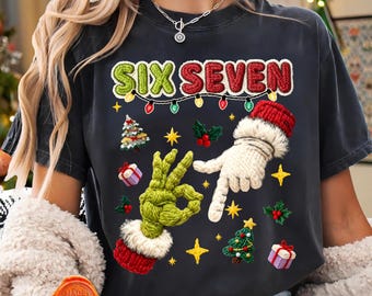 PNG de Navidad Six Seven • Diseño divertido de meme navideño • Sublimación de camiseta de mano de monstruo verde y Papá Noel