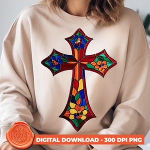 Croce in vetro colorato PNG, arte digitale cristiana per sublimazione, design fai da te per magliette con fede, clipart pasquale cattolica, stampa ad alta risoluzione