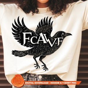 This high-quality PNG digital download features a striking gothic crow art design, perfect for creating unique t-shirt and hoodie designs. The intricate, detailed graphic showcases a majestic crow with the bold, stylized text "F-CAW-F" integrated into its wings. This sublimation design is ready to use for DIY apparel projects, allowing you to create custom clothing with a dark academia and grunge aesthetic.