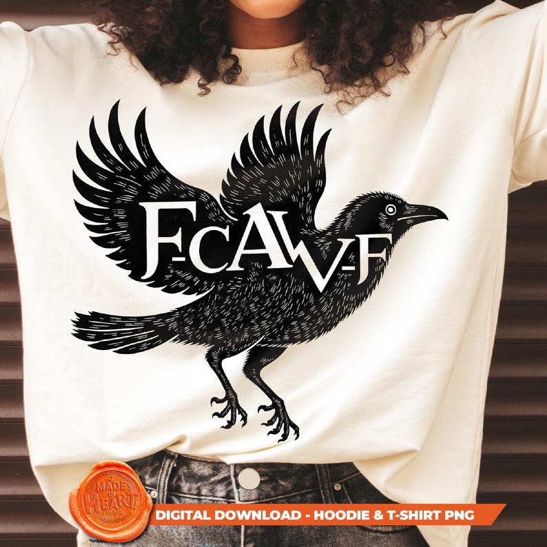 This high-quality PNG digital download features a striking gothic crow art design, perfect for creating unique t-shirt and hoodie designs. The intricate, detailed graphic showcases a majestic crow with the bold, stylized text "F-CAW-F" integrated into its wings. This sublimation design is ready to use for DIY apparel projects, allowing you to create custom clothing with a dark academia and grunge aesthetic.