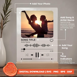 May include: A digital download template for a personalized music player design. The template features a photo of two people, a song title and artist name, a heart icon, a music player interface with play, pause, and rewind buttons, and the text "Add Your Photo", "Add Song & Artist Name", "Add Your Song", and "Time Indicators".