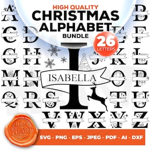 Könnte beinhalten: Ein Satz von 26 schwarzen und weißen Weihnachtsalphabetbuchstaben mit einem Banner und festlichen Dekorationen. Die Buchstaben sind in einer fetten, dekorativen Schriftart. Die Buchstaben sind in alphabetischer Reihenfolge angeordnet. Die Buchstaben sind perfekt zum Erstellen von Weihnachtsbastelarbeiten, Dekorationen und Geschenken.