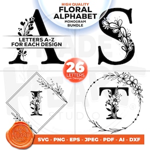 May include: A set of 26 floral alphabet monogram designs. Each letter is surrounded by a floral wreath and includes a variety of floral elements. The letters are in black and the flowers are in white. The text "LETTERS A-Z FOR EACH DESIGN" is at the top of the image. The text "26 LETTERS x4 Design" is in the centre of the image. The text "SVG - PNG - EPS - JPEG - PDF - AI - DXF" is at the bottom of the image.