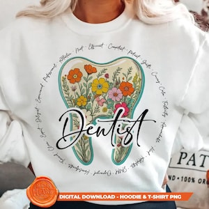 Camiseta de dentista floral PNG, clipart de diente bohemio, diseño de camiseta de sublimación para asistente dental, camiseta de higienista PNG, arte de sudadera dental