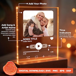 Può includere: Un download digitale di un design di lettore musicale personalizzabile per una cornice per foto. Il design presenta un pulsante di riproduzione, pulsanti di riavvolgimento e avanzamento rapido, un'icona a forma di cuore e un indicatore di tempo. Il design è di colore arancione caldo e ha una base in legno.