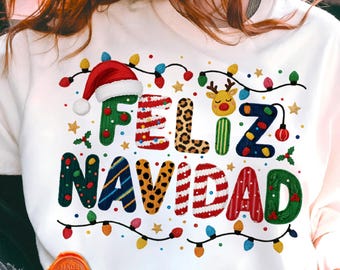 Feliz Navidad PNG, Spanish Christmas Shirt Design, Festive Faux Yarn Holiday Sublimation