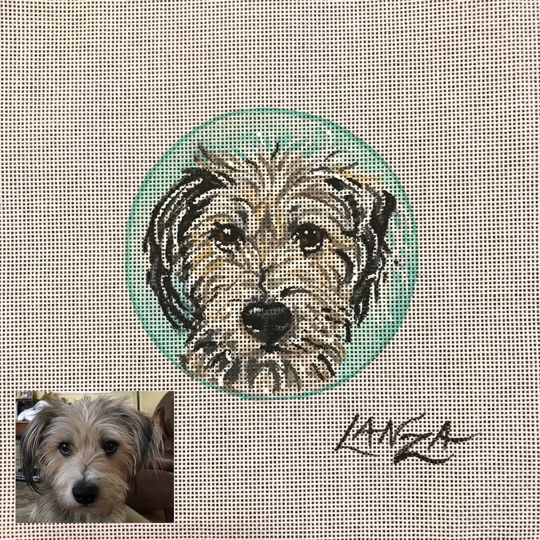 hand made one point needle stitch tapestry, portrait, A Girl with A Dog
