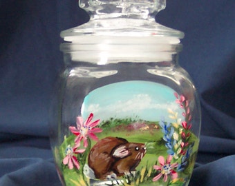 Spring Bunny in Wildflowers on lidded glass container