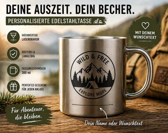 Personalisierte Edelstahl Tasse mit Gravur | Camping Becher | Geschenk für Männer und Outdoor Fans | Wunschname und Logo