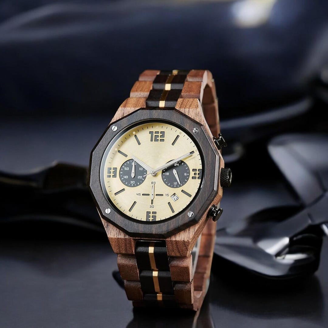 Mens Wooden Watch with Built In Compass Unique Turntable Dial Natural Wood Bracelet Quartz Wristwatch Handcrafted Gift for Men