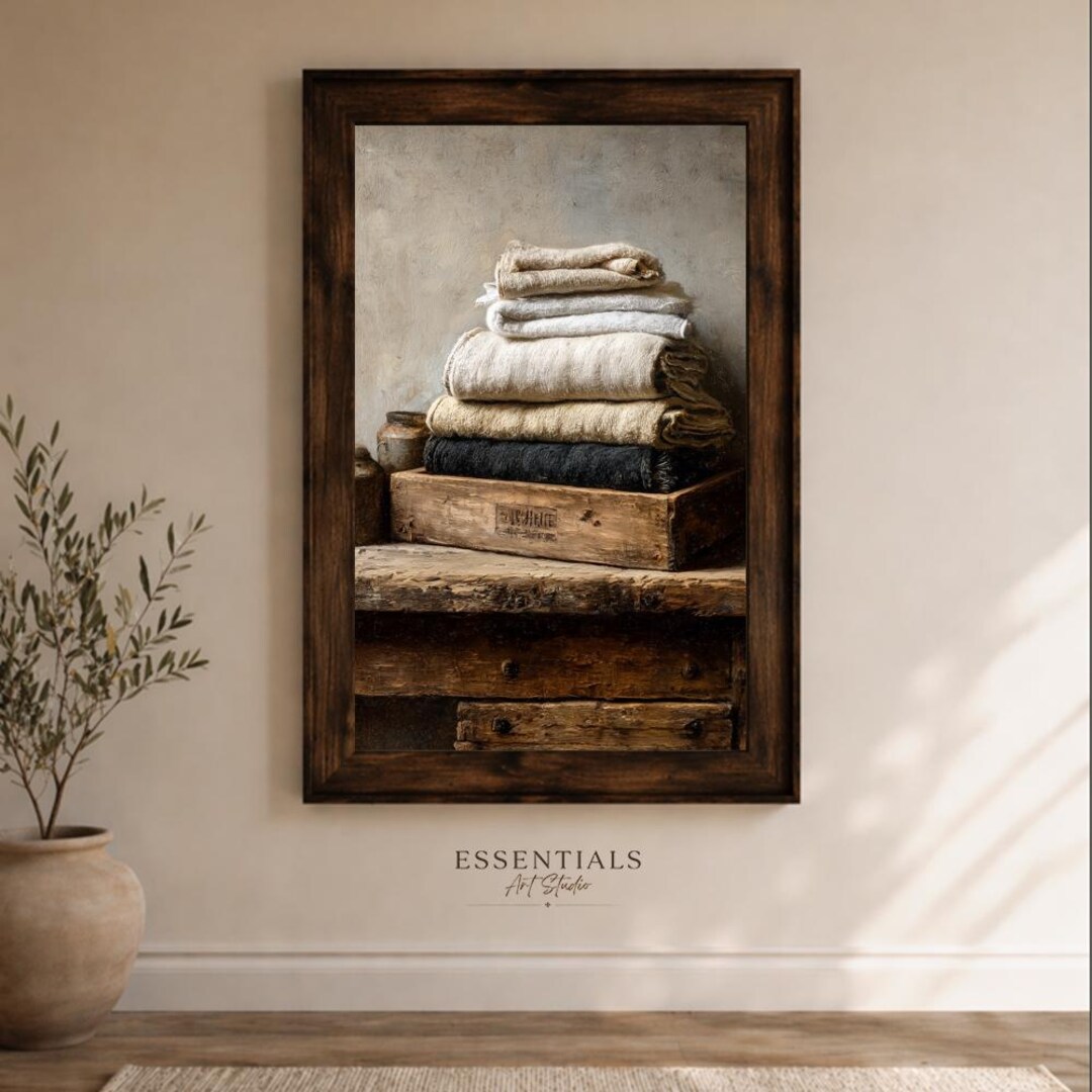 Stacking Still Life Vintage Linen Stack Still-life Painting – Rustic Farmhouse Neutral Wall ...