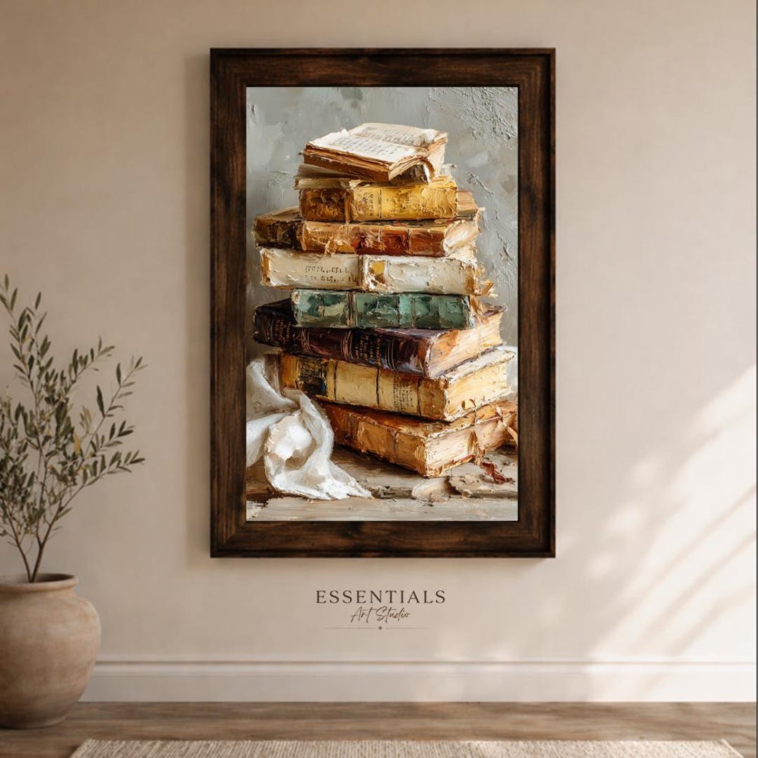 Muted Color Book Stack Vintage Books Stack Painting – Muted Tones, Cozy Decor (digital ...