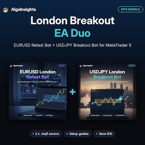 以下が含まれることがあります： MetaTrader 5用London Breakout EA Duoデジタル製品バンドル。EURUSDリテストボットとUSDJPYブレイクアウトボットが含まれ、金融取引チャートを表示する2台のノートパソコン画面、.mq5ソースファイル、セットアップガイドが記載されています。