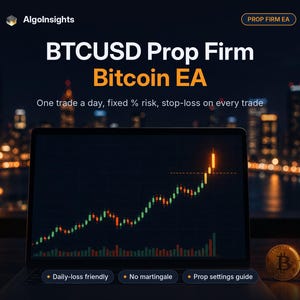May include: A laptop screen displays a financial candlestick chart for BTCUSD. Text reads AlgoInsights, Prop Firm EA, BTCUSD Prop Firm Bitcoin EA, One trade a day, fixed % risk, stop-loss on every trade, Daily-loss friendly, No martingale, Prop settings guide.