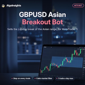 May include: A digital display featuring the text AlgoInsights, MT5 BOT, GBPUSD Asian Breakout Bot, and Sells the London break of the Asian range, for MetaTrader 5. A laptop screen shows a candlestick chart with a blue box and green candles.