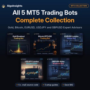 Op de afbeelding: Een digitale collectie van vijf AlgoInsights MT5 trading bots met Gold Breakout, Bitcoin BTCUSD, EURUSD London Retest, USDJPY London Breakout en GBPUSD Asian Breakout. Inclusief vijf .mq5 broncodebestanden en vijf installatiehandleidingen.