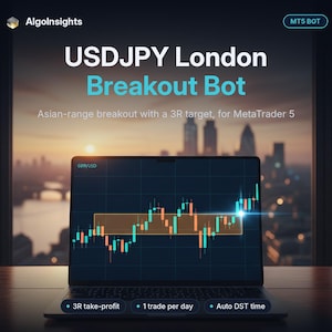 Op de afbeelding: Een laptopscherm toont een financiële handelsgrafiek met de tekst AlgoInsights, USDJPY London Breakout Bot, Asian-range breakout with a 3R target, for MetaTrader 5, 3R take-profit, 1 trade per day en Auto DST time.