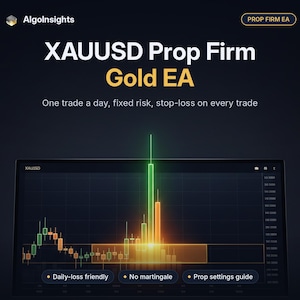 May include: A digital display featuring the text AlgoInsights, PROP FIRM EA, XAUUSD Prop Firm Gold EA, and One trade a day, fixed risk, stop-loss on every trade. A financial chart shows green and orange candlesticks on a dark background.