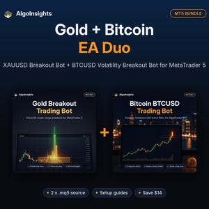 May include: A digital product graphic for the AlgoInsights Gold + Bitcoin EA Duo, featuring a XAUUSD Breakout Bot and a BTCUSD Volatility Breakout Bot for MetaTrader 5. The display includes two trading charts with orange and green data.