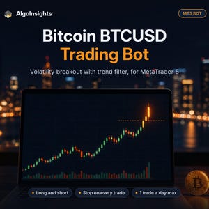 Peut inclure: Un écran d'ordinateur affiche un graphique de trading Bitcoin BTCUSD avec des bougies vertes et rouges. Le texte indique AlgoInsights, MT5 BOT, Bitcoin BTCUSD Trading Bot, Volatility breakout with trend filter, for MetaTrader 5.