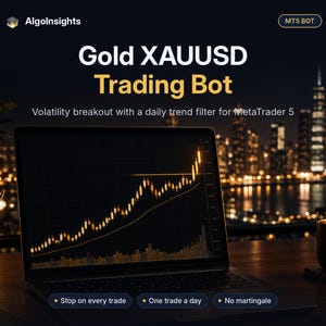 May include: A digital display showing Gold XAUUSD Trading Bot with text: Volatility breakout with a daily trend filter for MetaTrader 5. Features include Stop on every trade, One trade a day, and No martingale on a laptop screen.