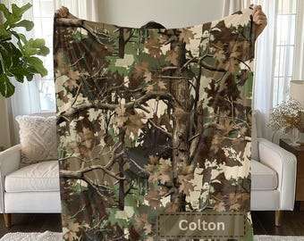 Personalized Hunting Camo Minky Blanket, Name Blanket for Boy, Hunting Theme Gift, Fisherman Gift, Rustic Outdoor Blanket for Toddler M012