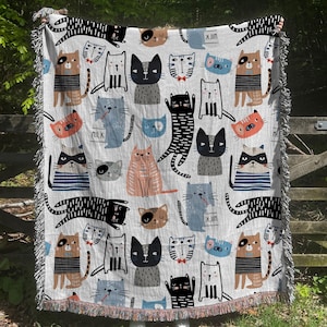 Whimsical Cats Woven Cotton Blanket, Colorful Cartoon Cat Throw, Cute Cozy Gift for Cat Lovers, Playful Kitty Decor, Fun Cat Mom Blanket