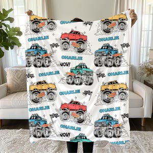 Personalized Monster Truck Blanket for Kids, Custom Name Throw with Race Cars & Flags, Cool Boy's Room Decor or Birthday Gift