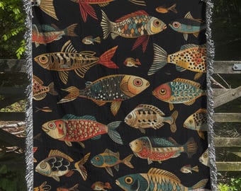 Lake House Woven Cotton Blanket, Fishing Gift For Fishermen, Cabin Gift, Gift for Dad or Husband, River Fish Design, Cabin Throw