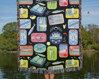 Sardine Tinned Fish Retro Design Collage Cotton Woven Blanket, Italian Food Lovers