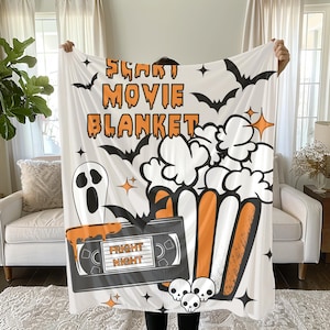 Scary Movie Night: Watching Blanket, Halloween Throw with Popcorn, Ghost, Skull and VHS Design, Y2K, Fright Night Sherpa or Velveteen Throw