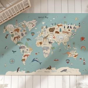 May include: A rectangular world map rug with a light blue background and illustrated animals and landmarks. The map includes the text "World Map" at the top. The rug is on a light wood floor.