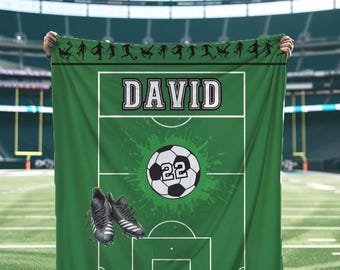 Personalized Soccer Name Jersey Number Blanket, Minky or Sherpa Throw for Boys or Girls