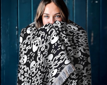 Skull Halloween Woven Blanket, Gothic Spooky Tapestry Wall Art, Goth Decor Gift, Cotton Throw Blanket, Halloween Decor