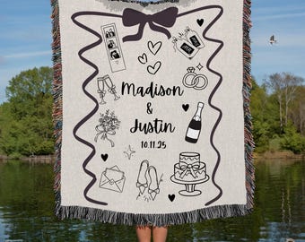 Custom Wedding Doodle Blanket: USA Woven Cotton Anniversary Gift