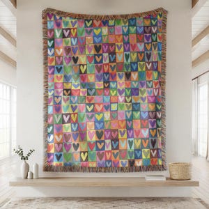 Heart Patchwork Woven Blanket, Boho Rainbow Fringe Throw, USA Made