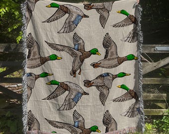 Mallard Duck Cotton Woven Throw Blanket,  Wetland Hunting Decor, Hunting Cabin Gift for Hunter