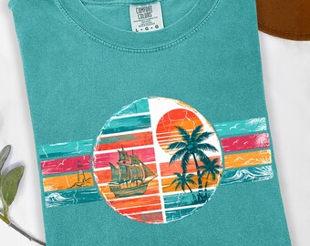 Coastal Sunset Shirt, Nautical Beach Tee, Tropical Island Graphic S-3XL