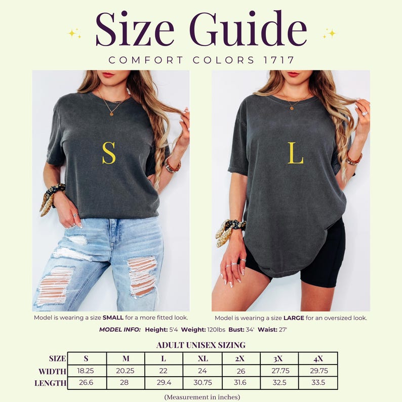 May include: Size guide graphic for Comfort Colors 1717 t-shirts. The image shows two models wearing gray t-shirts, one in size small and the other in large. The guide includes a size chart with measurements in inches for adult unisex sizing, including width and length.