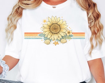 Camiseta de praia com girassóis, camiseta floral de verão com estampa de conchas, tamanhos P a 3XG