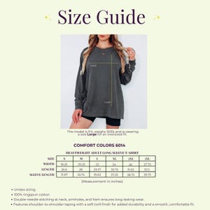 May include: Size guide for a heavyweight adult long sleeve t-shirt. The chart shows measurements in inches for sizes S to 3XL. The model is 5'4", weighs 120lb, and is wearing a Large for an oversized fit. Features include unisex sizing and 100% ringspun cotton.